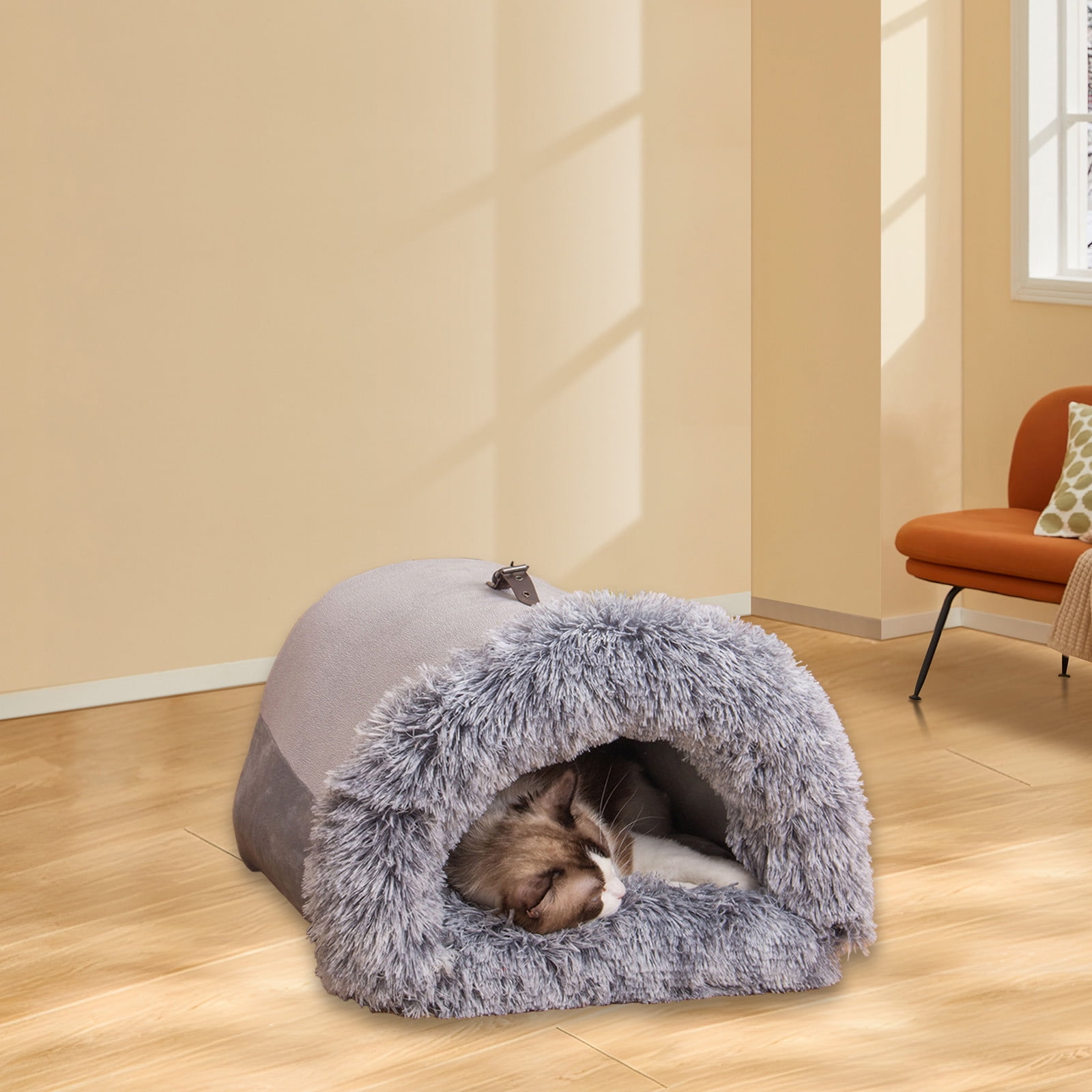 Cat Bed, Cat Cave for Indoor Cats, Soft Cat Dome, Self-Warming 2 in 1 Foldable Pet Cat House Calming Fluffy Dog Beds for Small Dogs with Anti-Slip Bottom Brown