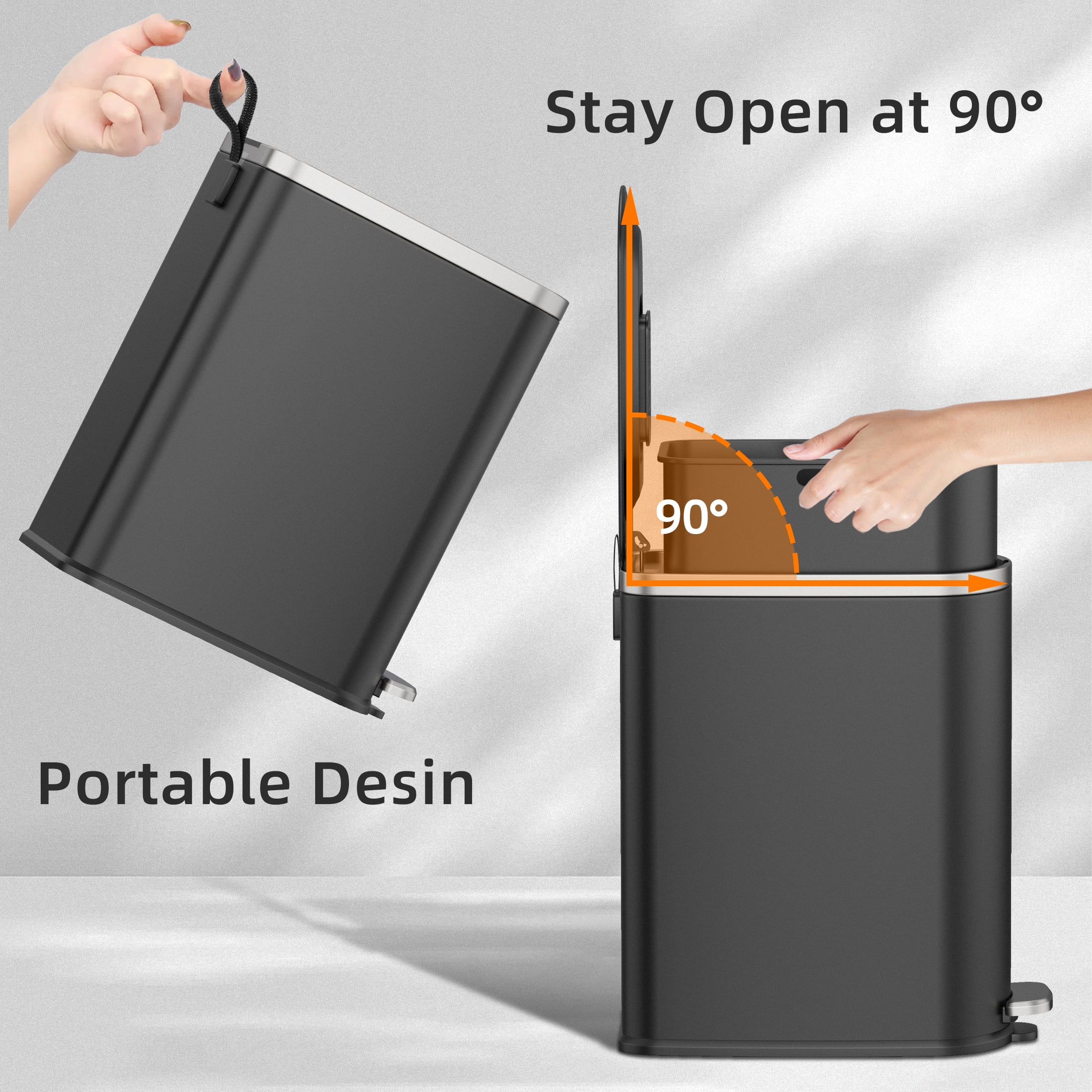 KSSKSS 2.6 Gallon/10L Slim Stainless Steel Bathroom Trash Can with Lid, Soft-Close Small Garbage Bin for Narrow Spaces, Black