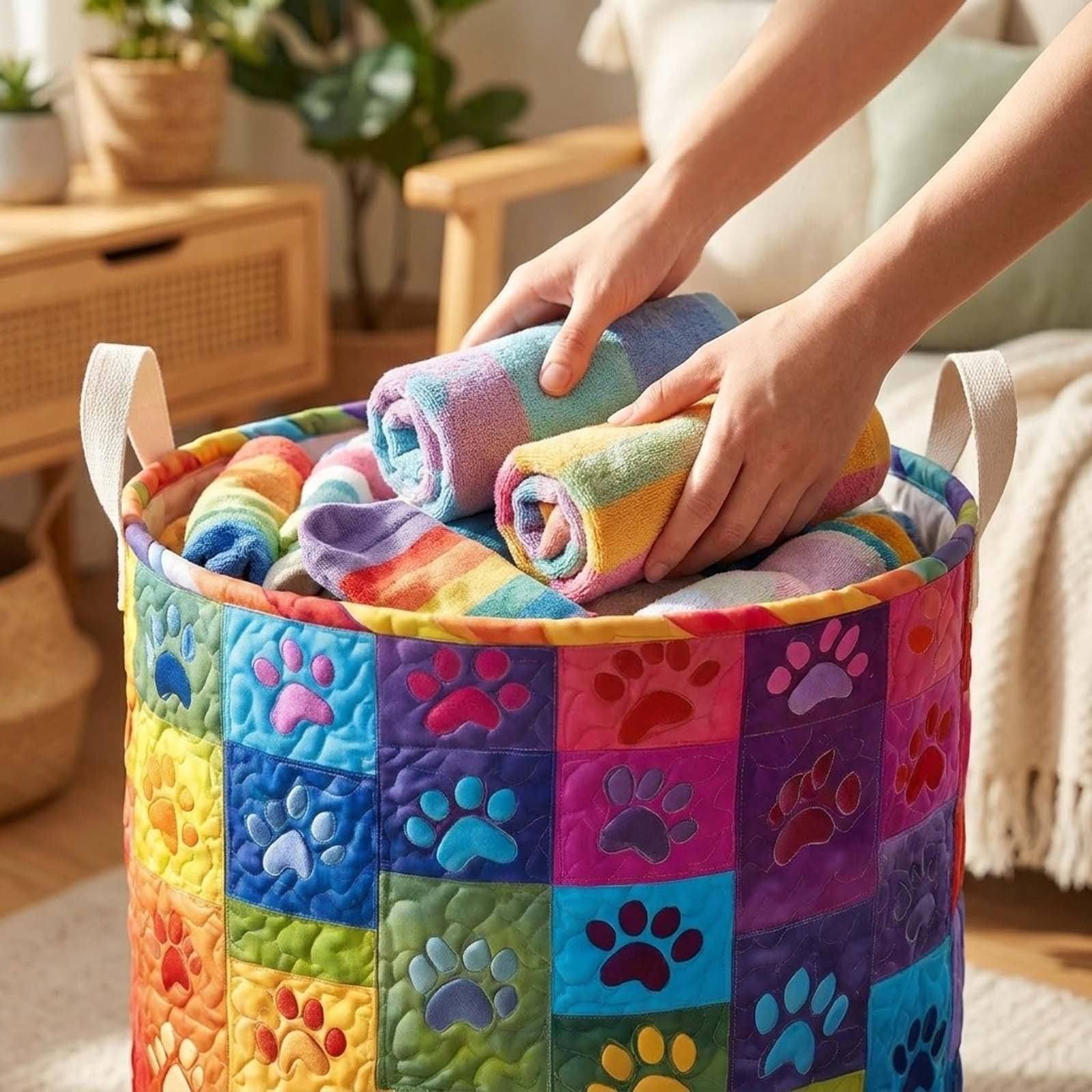 Bohemian Fabric Quilted Storage Basket, Collapsible Laundry Organizer with Integrated Handles, Versatile Sundry Hamper for Home Closet, Dorm and Living Room Tidying