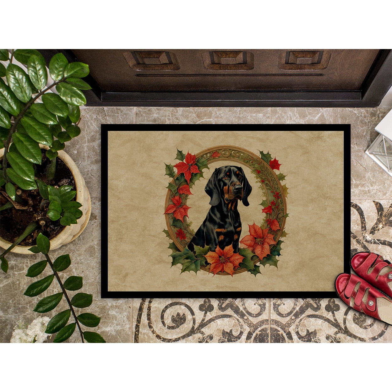 Black and Tan Coonhound Christmas Flowers Doormat 27 in x 18 in
