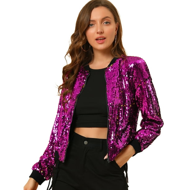 Chaqueta De Bombardero De Lentejuelas Con Cremallera Y Manga Larga Recortada Con Purpurina Para Mujer Fucsia M