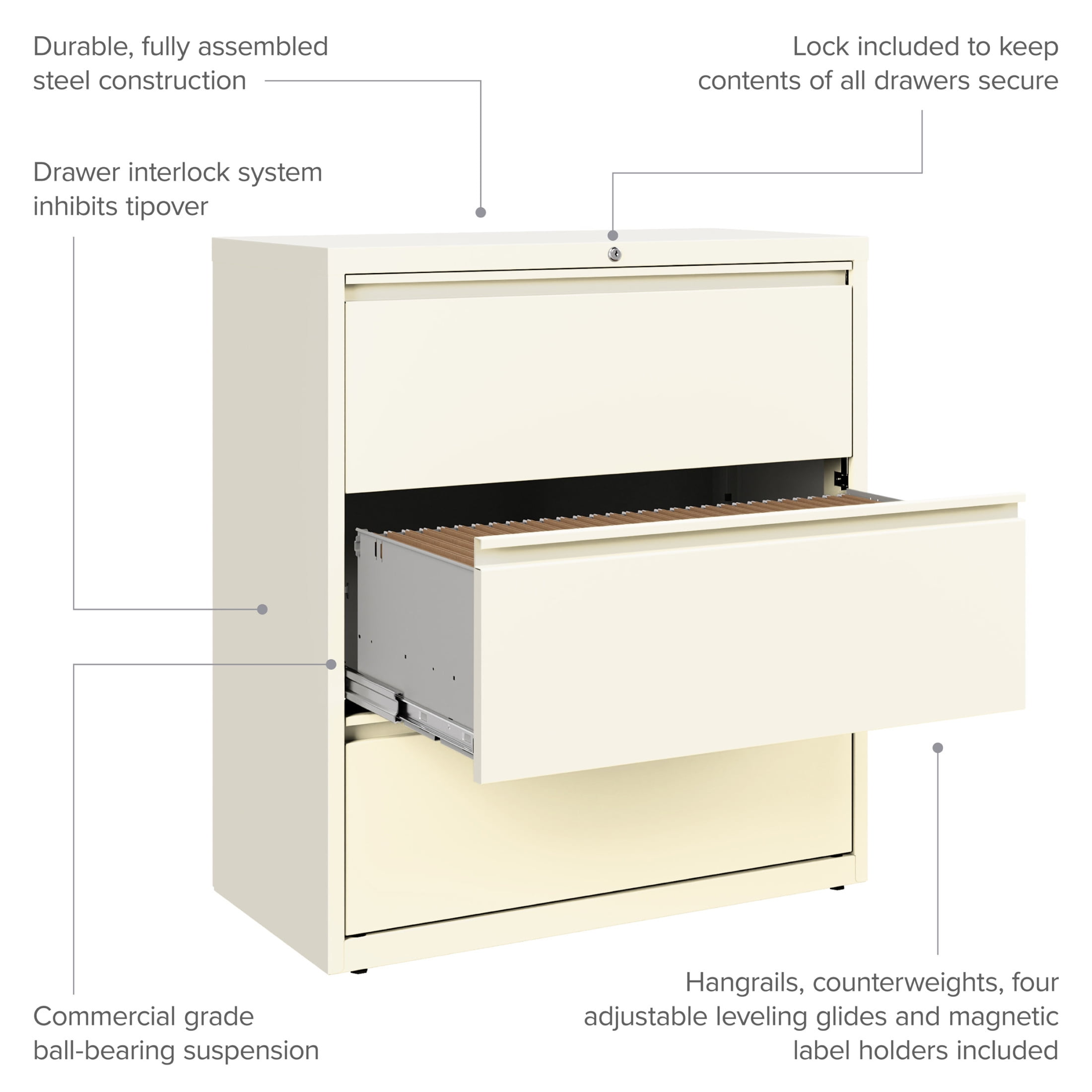 Hirsh 36 Inch Wide 3 Drawer Metal Lateral File Cabinet for Home and Office, Holds Letter, Legal and A4 Hanging Folders, Cloud