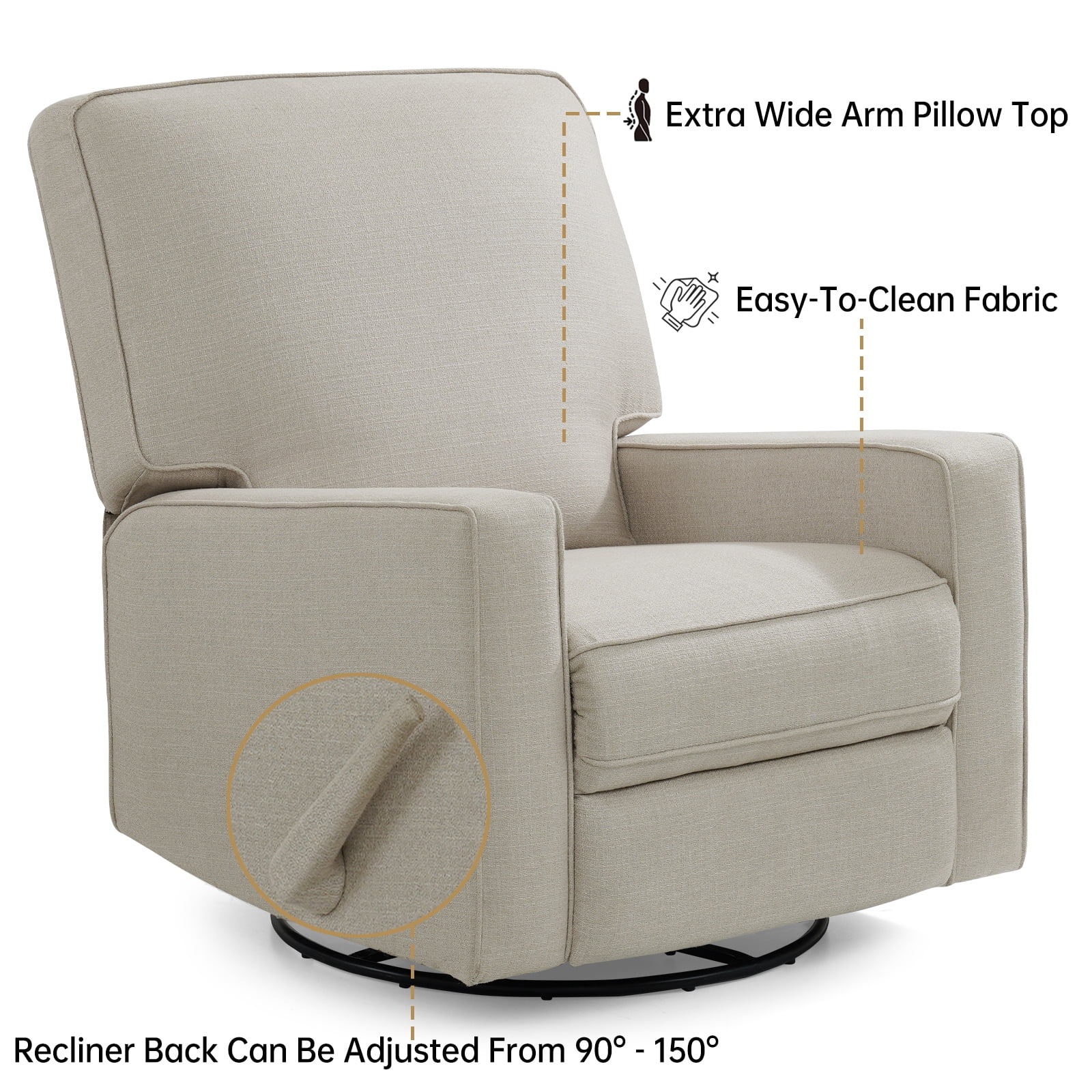 MERITLIFE 360 Rocking Swivel Recliner Chair,Upholstered Fabric Manual Reclining Recliner, Extra Large Footrest for Reading,Nursery Glider Chair(Beige)