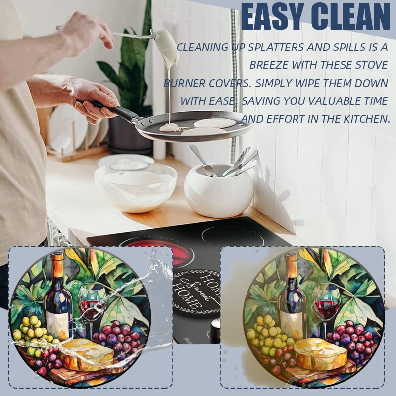 Round Electric Stove Burner Covers for Electric Stove, Wine and Grapes Cheese Decorative Metal Gas Stove Burner Covers Set of 4 for Kitchen, 8 Inches and 10 Inches