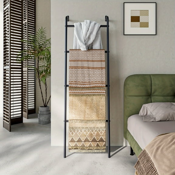 4-Tier Metal Blanket Ladder Rack, Freestanding or Wall-Mounted Towel & Blanket Holder, Decorative Storage Shelf for Living Room, Bathroom, Bedroom - Black Organizer Stand