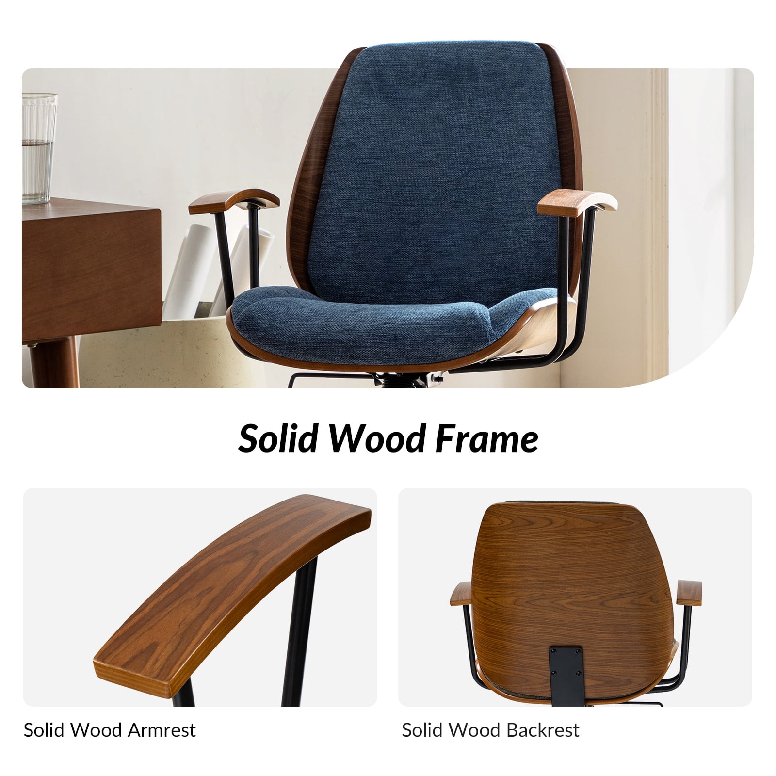 Ergonomic Adjustable Swivel Office Chair with Solid Wood Backrest and Premium Comfort Navy Cushion for Home Workplace