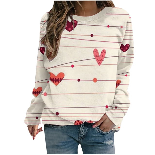 VALMASS Chandails en Molleton de la Saint-Valentin pour Femmes Graphique Manches Longues Col Rond Hauts Mode Décontractée Pull Ample Blouses (m, Blanc-A)