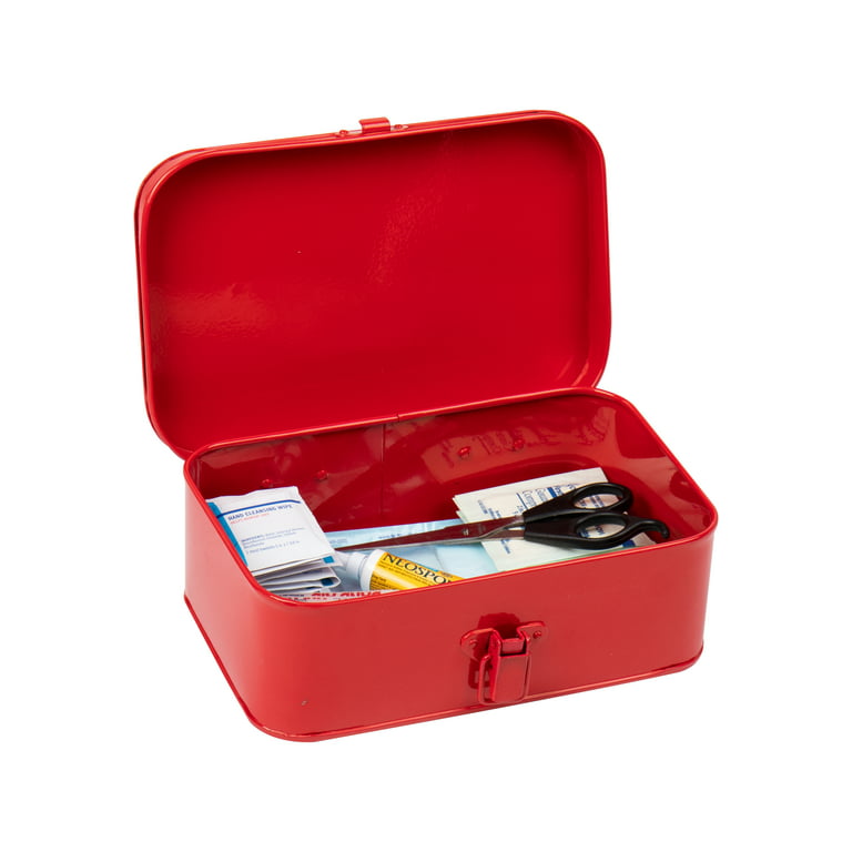 Mind Reader First Aid Box Emergency Kit Medical Supply Organizer Vintage  Buckle Lock Metal 8 14 H x 7 W x 13 14 D Red - Office Depot