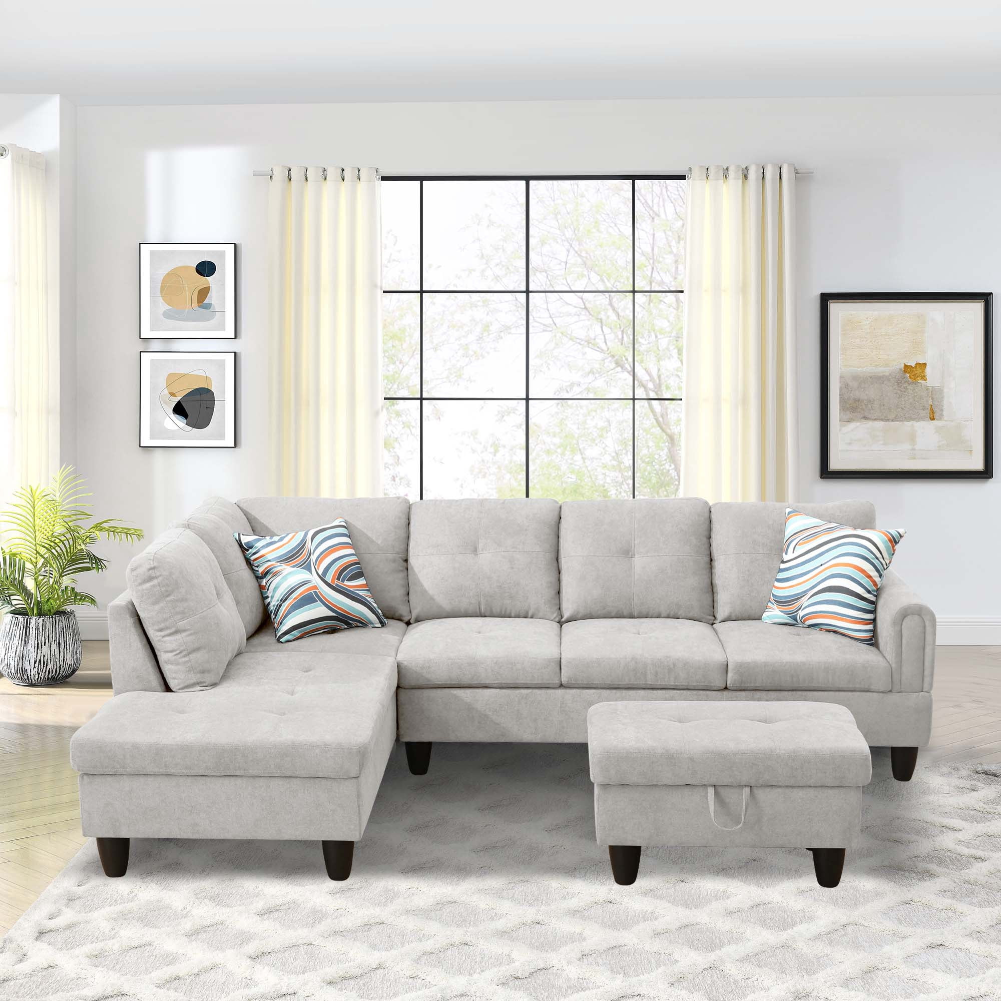 Aukfa Sectional Sofa, Living Room Couch with Storage Ottoman, Right Facing Chaise, Flannel, Gray