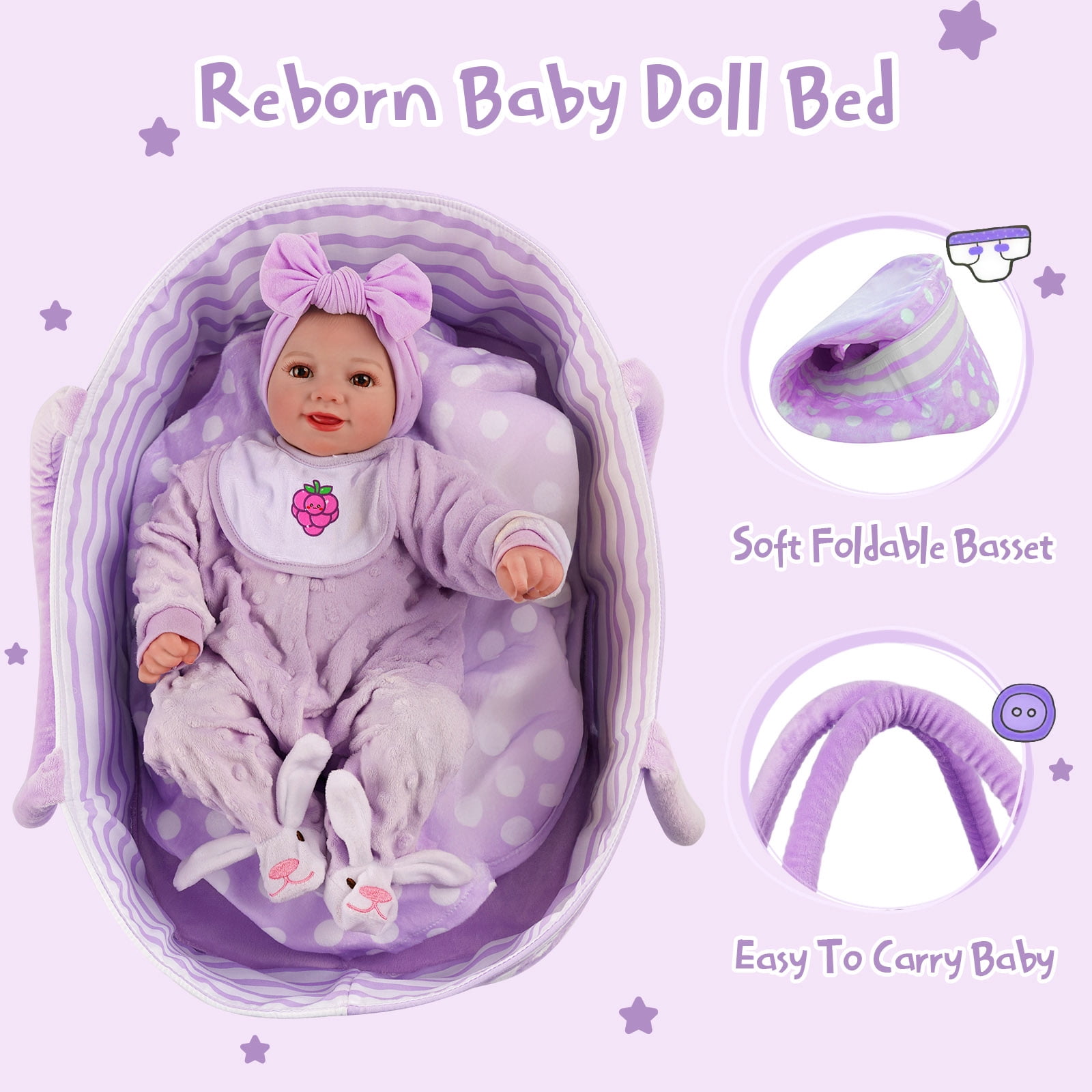 BABESIDE Lifelike Reborn Baby Dolls with Bassinet, 17 Inch Soft Cloth Body Real Life Girl Baby Dolls Soft Vinyl and Cloth Body with Basket & Feeding Kit Gift Box for Kids Age 3+
