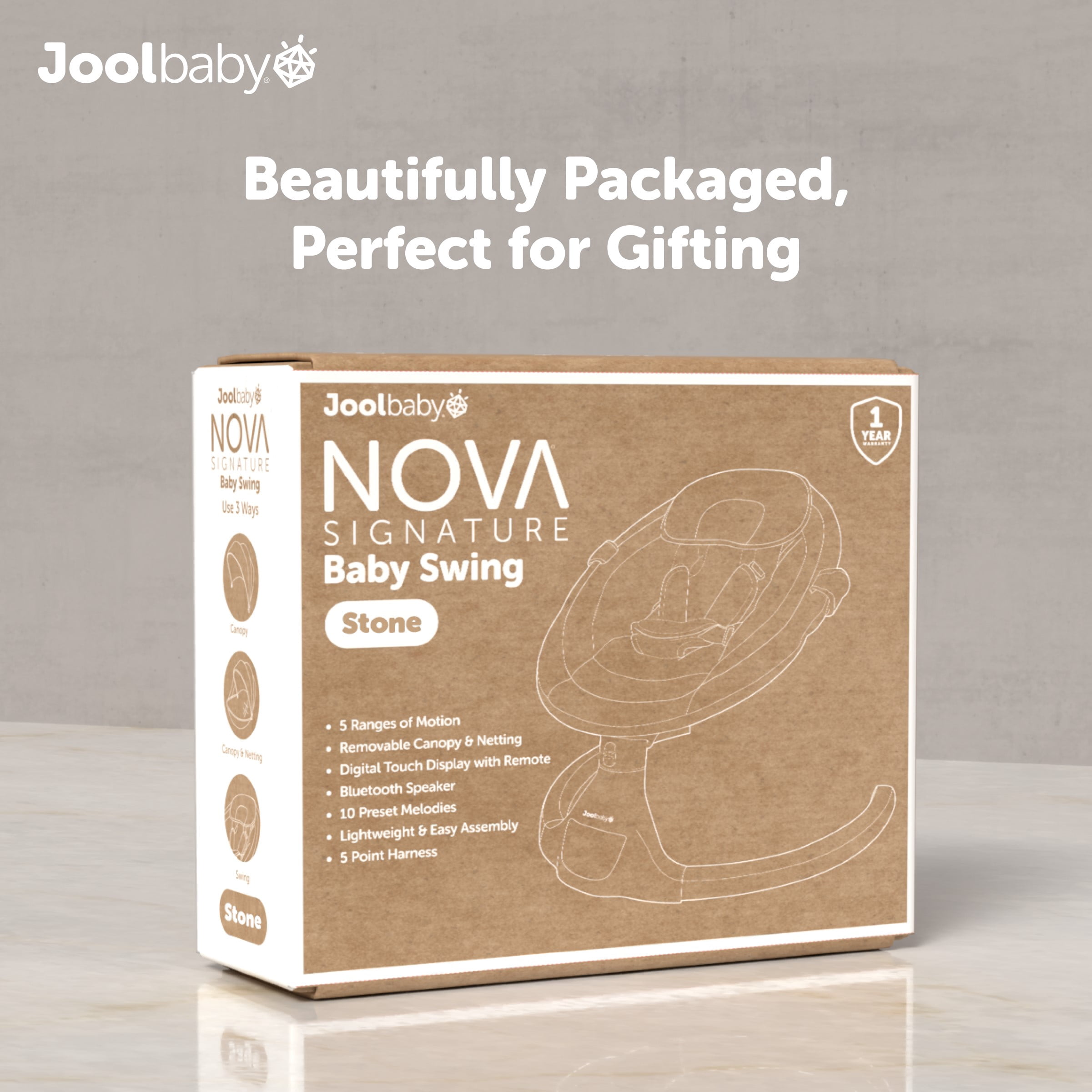 Jool Baby Nova Swing for Newborns - Electric Motorized Infant Swing, Bluetooth Music, 10 Preset Melodies, Remote (Updated Model, Stone)
