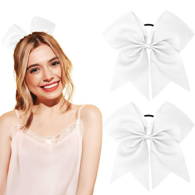 Dsseng 2 PCS Large White Hair Bows for Cheerleaders - 8” Cheer Bows with Ponytail Holder Elastic Band