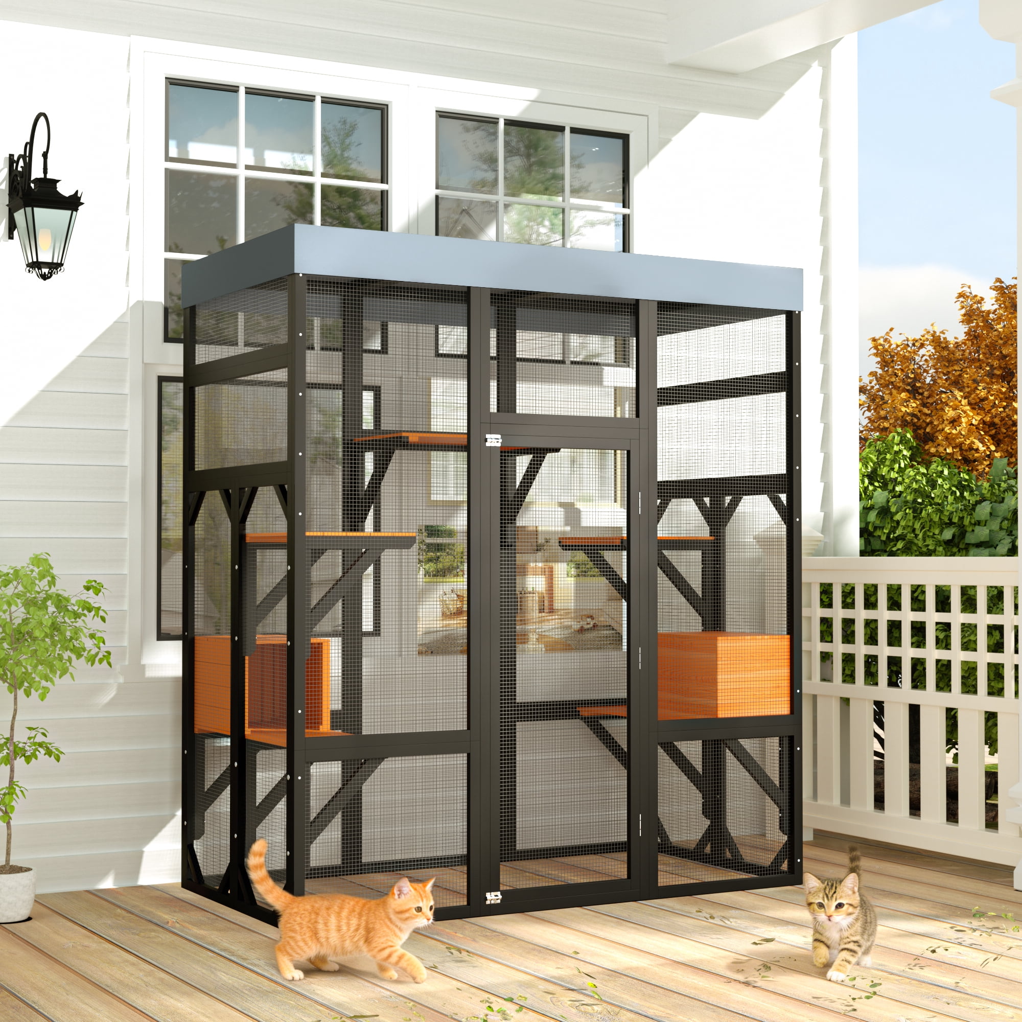 Large Outdoor Cat Enclosure Catio with 5 Platforms & 2 Napping Houses, Secure Metal Frame, Easy Assembly for Indoor & Outdoor Use