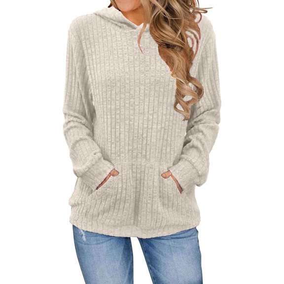 Women Knitted Sweater Hooded Long Sleeve Loose Fit Ribbed Knitting Pullover Tops with Pockets Casual Solid Color Autumn Knitwear