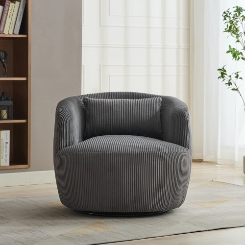 BSHTI 34.25" Wide Upholstered Corduroy 360°Swivel Barrel Soft Accent Chair with Pillow,Circular Reading Armchair for Living Room,Bedroom,Office,Lounge,Charcoal