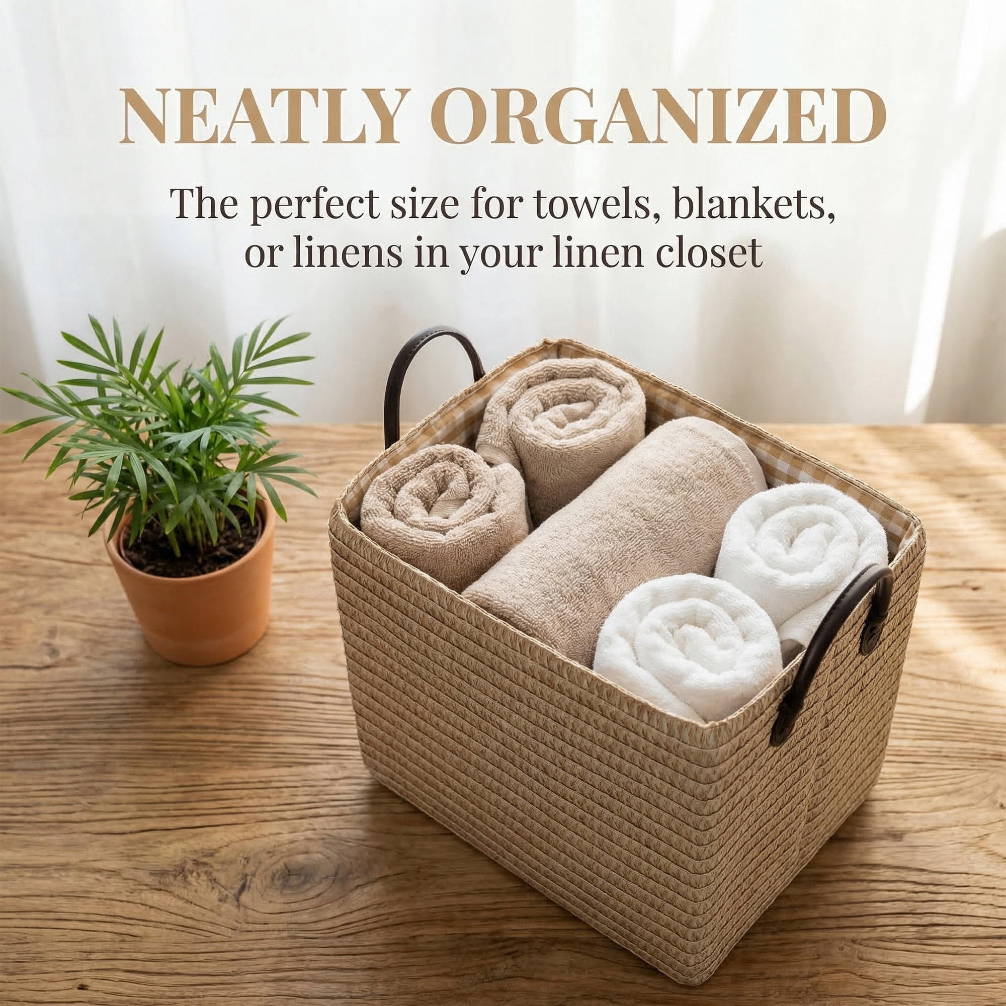 Unique Bargains Compactable Woven Storage Basket Storage Bin Beige 13.8*10.2*11.8in
