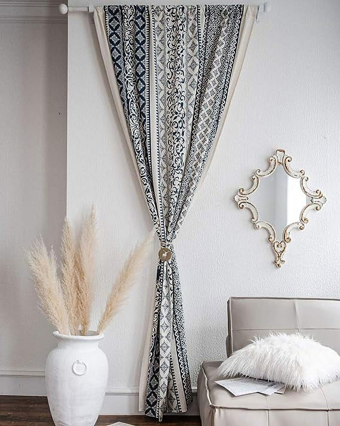 XmhyTop Farmhouse Cotton Linen Window Curtain Panel with Tassels Geometric Print Country Style Room Darkening Curtain Panel for Bedroom Living Room, 1 Piece (59"x102",Blue)