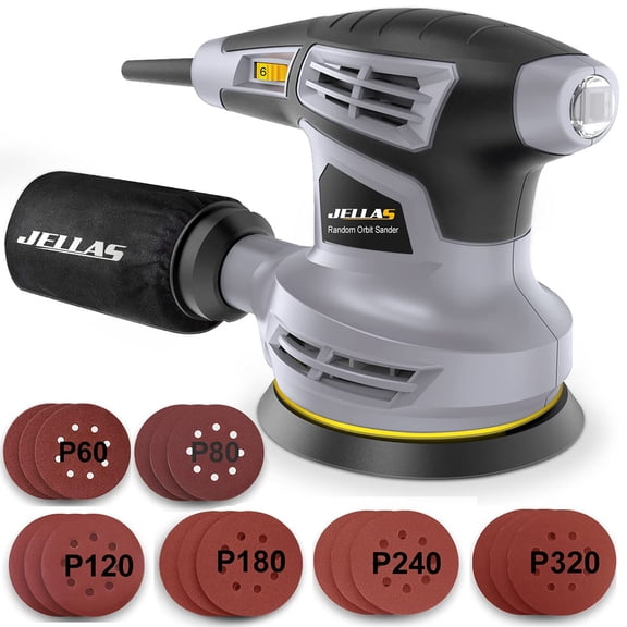 Jellas 5-Inch Random Orbital Sander with 17Pcs Sandpapers, 13000RPM 6 Variable Speed Sanders for Wood, High Performance Dust Collection System for Woodworking, 2.5A, Dust Collection Bag Include