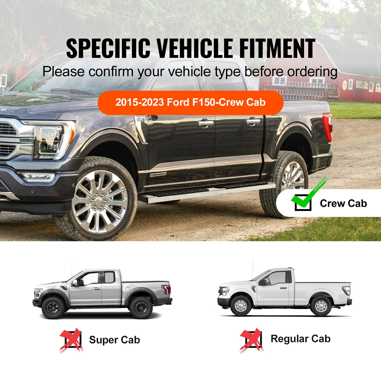 KFFKFF 6" Running Boards, Step Bars Compatible with 2015-2023 Ford F150 Crew Cab/2017-2023 Ford F-250 F-350 Super Duty Crew Cab, Stainless Steel Side Steps Nerf Bars, 500LBS Load Capacity, Set of 2