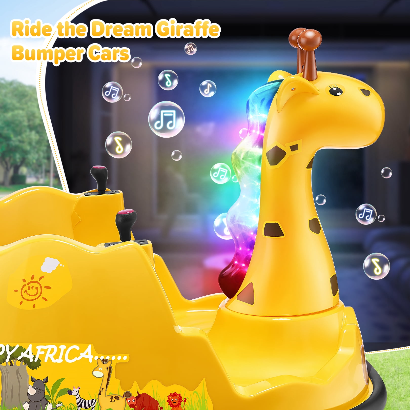 Funcid 12V Electric Giraffe Bumper Car for Toddler, Baby Bumper Car with Remote Control, Kids Ride on Toy for Boys Girls 2+, 360° Spin, LED Lights, Music, Yellow