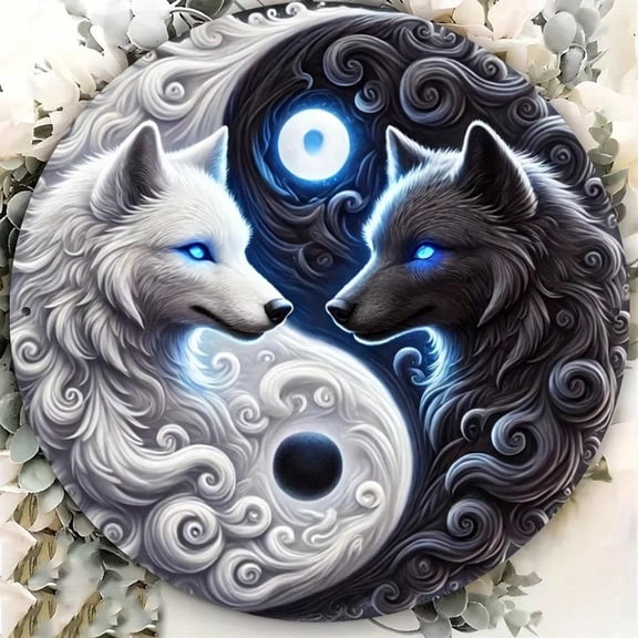 HELLOYOUNG Modern Tin Wolf Art Circular Metal Sign for Home Office Door Decoration Halloween Gift Wall Decor Living Room Bathroom Bedroom Kitchen House Embellishment