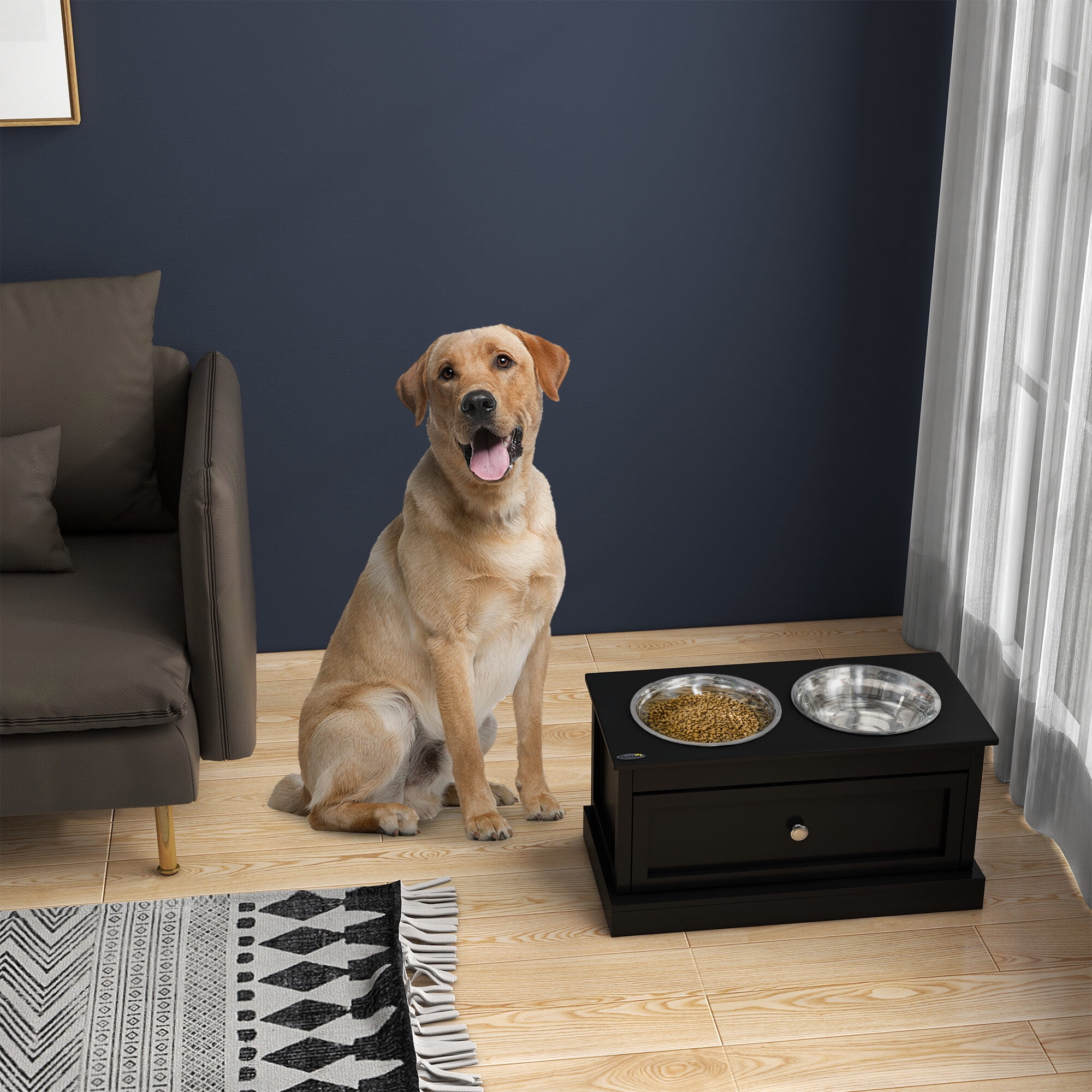 Orthopedic Dog Bed, PawHut Large Elevated Dog Bowls with Storage Drawer Containing 11L Capacity, Raised Dog Bowl Stand Pet Food Bowl Dog Feeding Station, Black, Black Dog Bed,Mdf Cat Bed