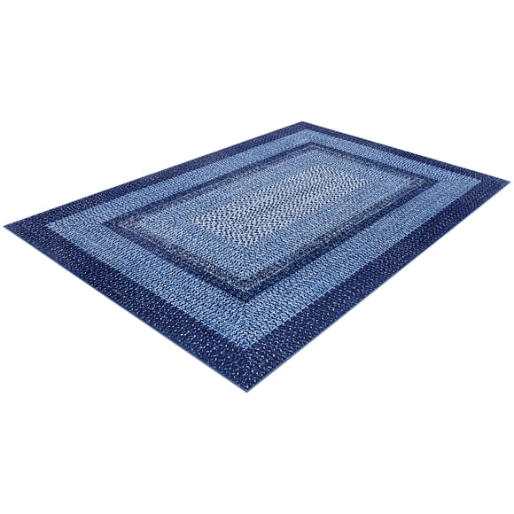 Braided Rug – 5x7 Washable Area – Vintage Accent – Braided Print – Low Pile & Non-Shedding – Non-Slip Backing – Foldable – Navy – Living Room & Kitchen