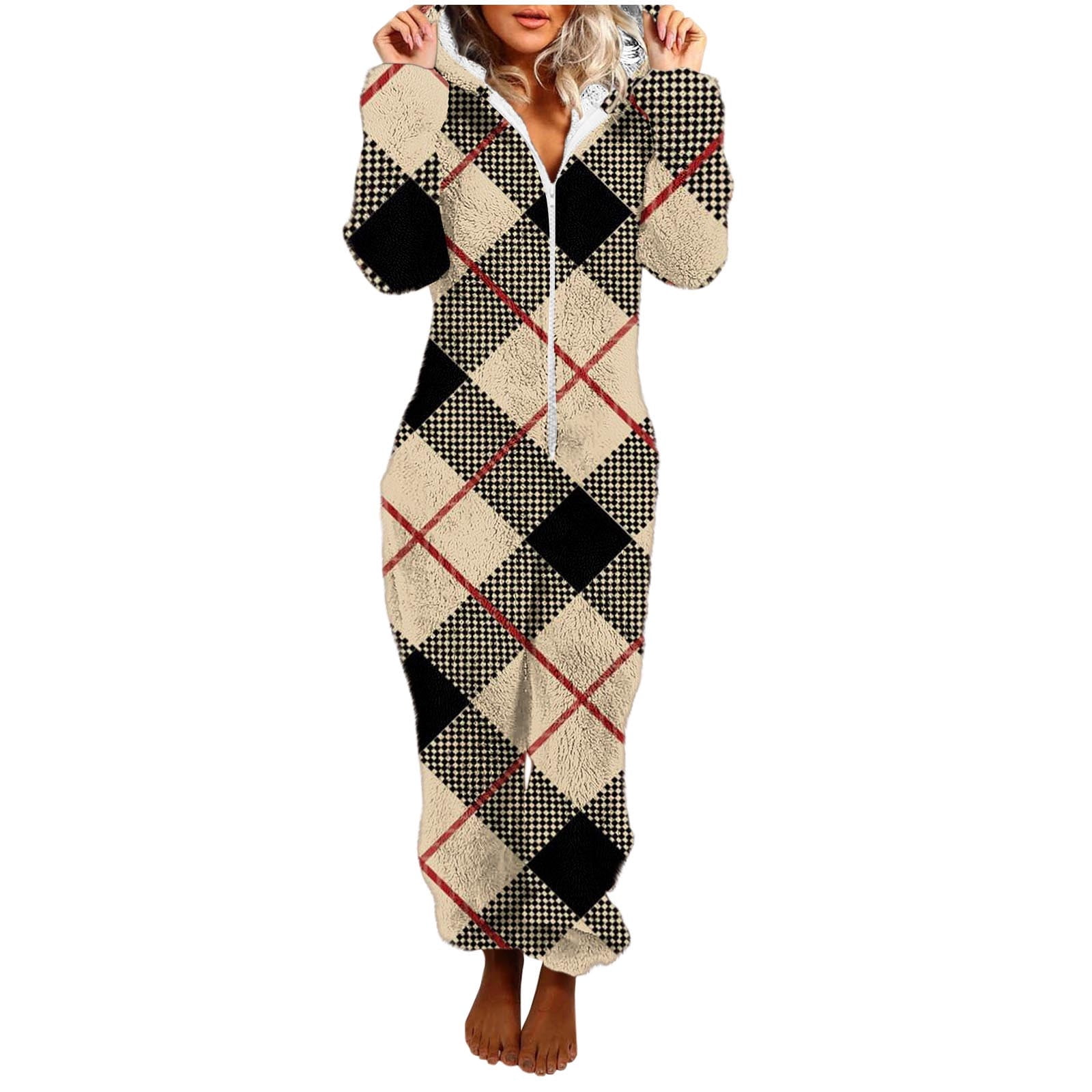 Adult Onesie Pajamas Plus Size New Women Print Long Sleeve Hooded Jumpsuit Pajamas Casual Winter Warm Romper Sleepwear Style B-31 Khaki S