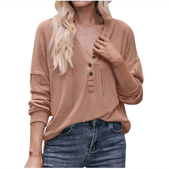 Tumotour Pullover for Women Crew Neck Long Sleeve Shirts With Buttons Casual Loose Top Sweatshirts Hoodie With Pocket