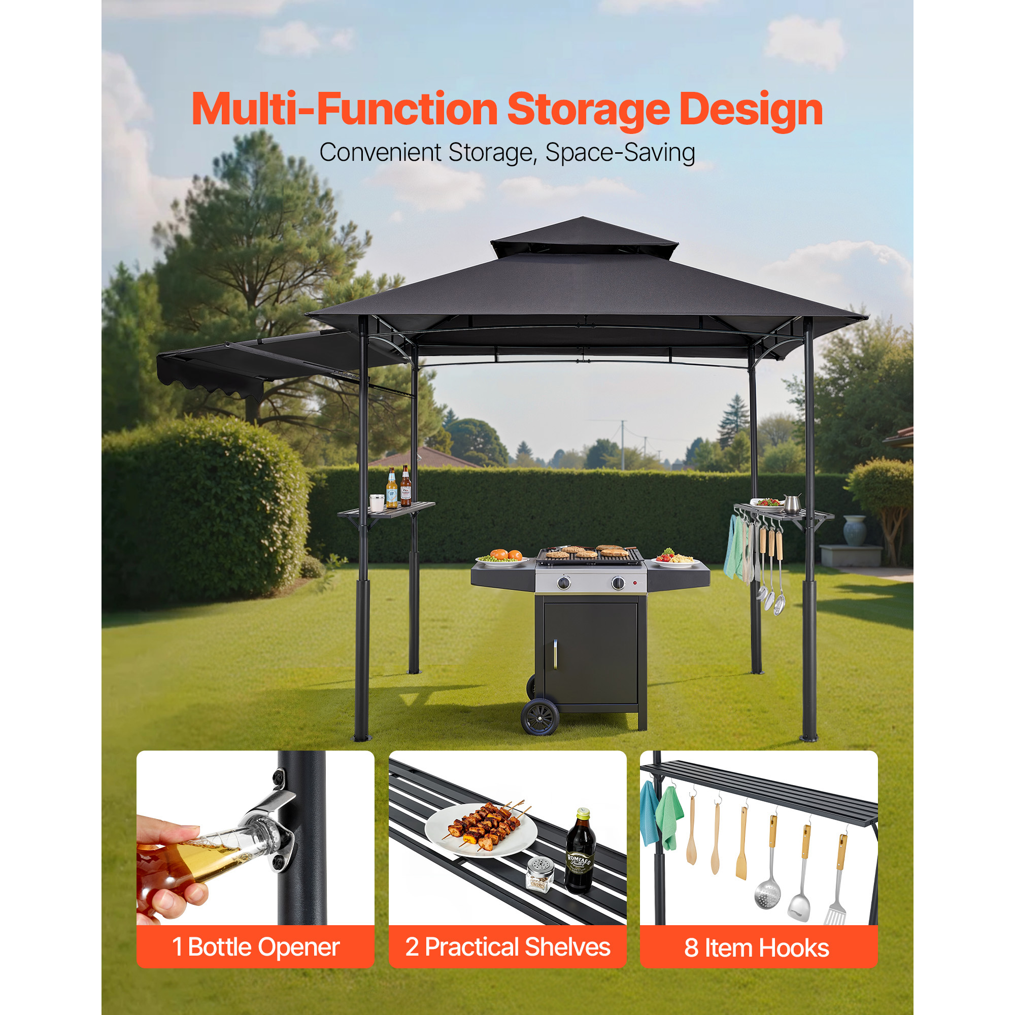 KFFKFF Grill Gazebo, 8 x 5 ft with Dual-Layer Roof, Sturdy BBQ Shelter Featuring Extended Awning, Steel Frame with Side Shelves & Hooks, Outdoor Canopy for Patio or Garden Cooking