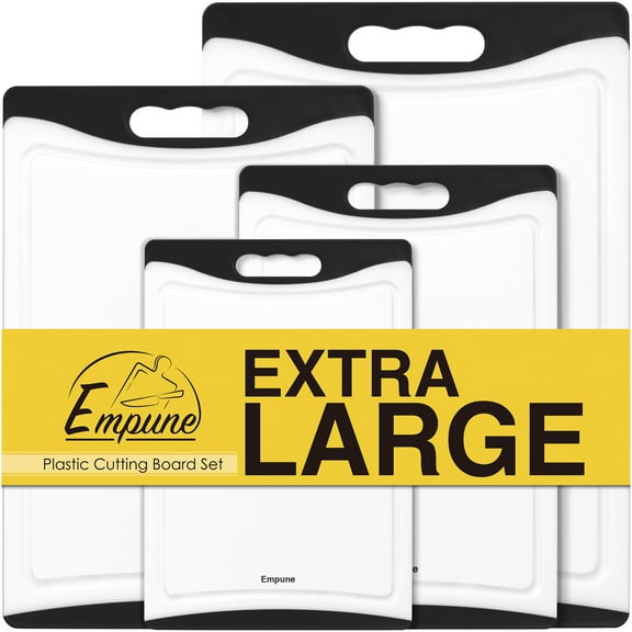 Empune Plastic Cutting Board Set of 4 with Rubber Grips, Deep Juice Groove, Dishwasher Safe Kitchen Chopping Board Set