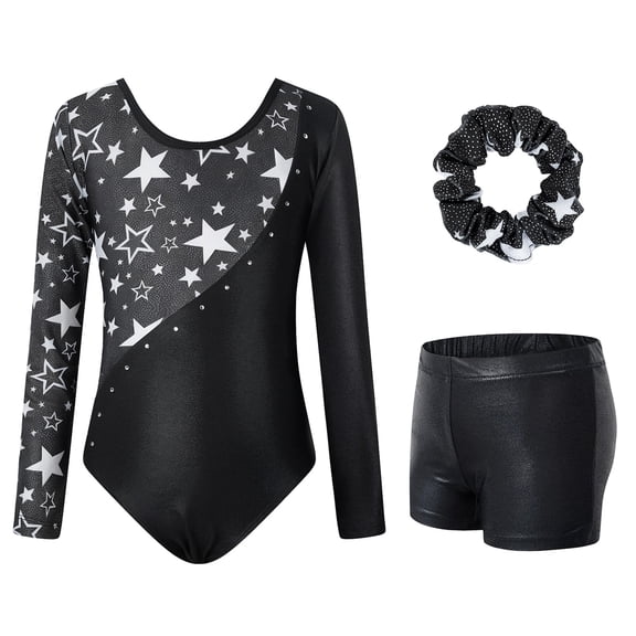 3 Pcs Set Gymnastics Leotards for Girls,Long Sleeve Rhinestone Kids Dance Unitards Biketards with Tumbling Dance Shorts