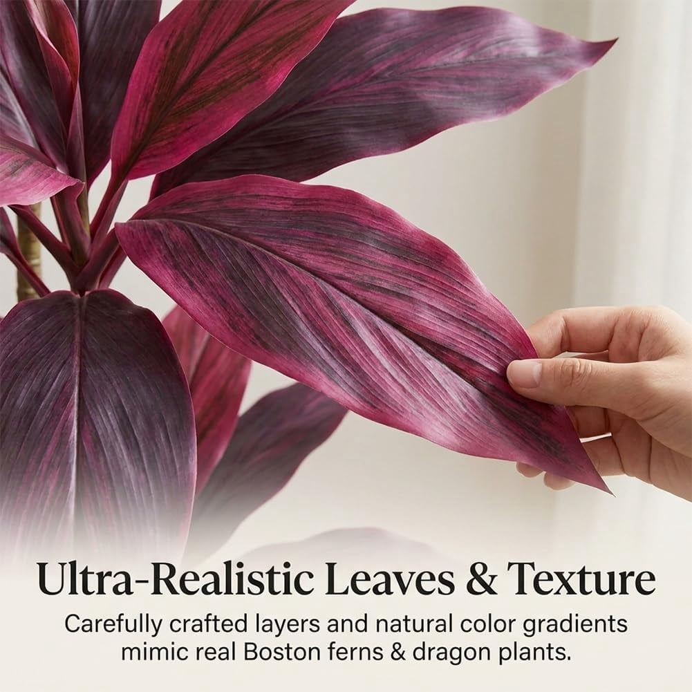 2PCS Large Realistic Artificial Boston Fern & Dragon's Blood Tree Plants with Vibrant Pink/Purple Leaves, UV Resistant Fake Ferns for Outdoors Outside Garden Patio Wedding Balcony(2pcs)