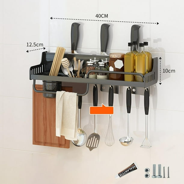 Organizador de almacenamiento de cocina de montaje en pared, estante de especias, ahorro de espacio, almacenamiento de condimentos en tarros sin 40cm 3 Ranuras 6 Ganchos Macarena Estante de condimentos