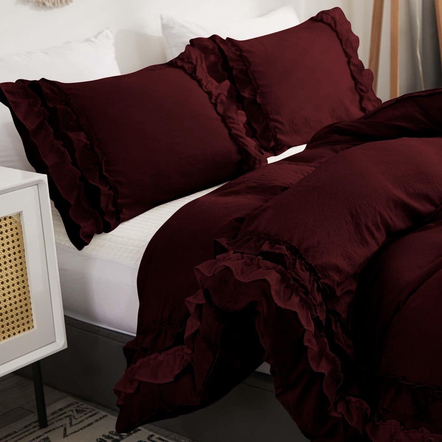 D.N.G. BEDDINGS Luxurious 5 Piece Double Ruffle Duvet Cover With Zipper Closure, 100% Egyptian Cotton, 800 Thread Cotton Full/Queen Size Wine Solid