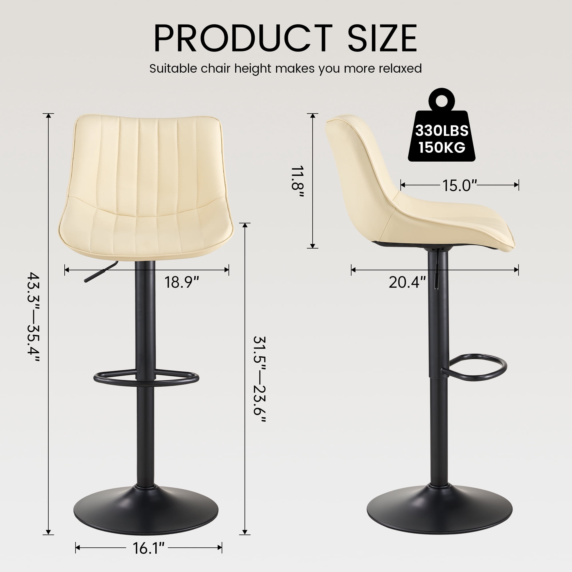 SAETSFEG Bar Stools, Adjustable Swivel Counter Height Bar Stool with Footrest, Modern PU Leather Bar Chairs for Kitchen Island, Dining Room, Beige