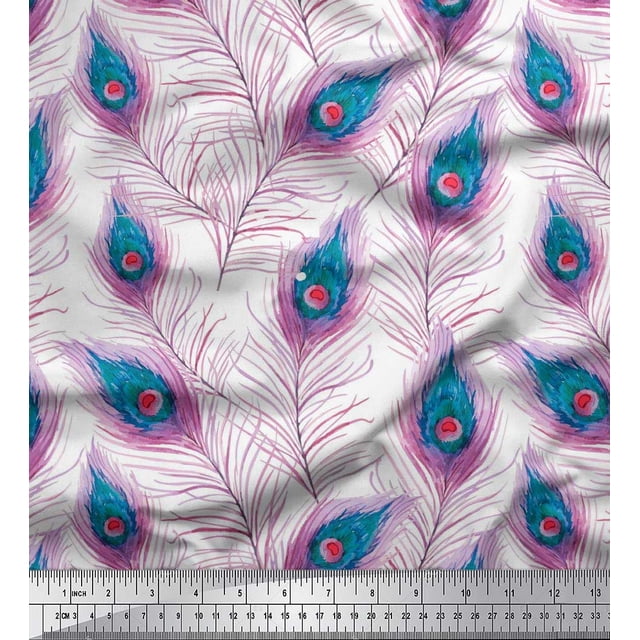 Soimoi Poly Georgette Fabric Peacock Feather Decor Fabric Printed Yard 42 Inch Wide