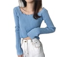 thumbnail image 2 of JDQJBZ Summer Womens Tops,Tops For Women Trendy Ruffle Slim Off Shoulder Crop Knit Long Sleeve Top For Spring Summer, 2 of 5