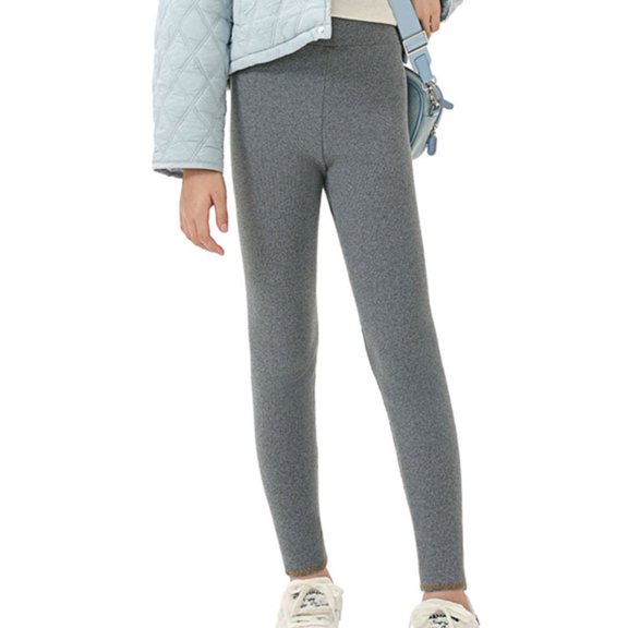 Lenpel Girls' Fleece Lined Leggings Cotton High Waisted Slim Yoga Pants Toddler Athletic Casual Thermal Tights Thick Warm Pants(Gray,14-15 Years)