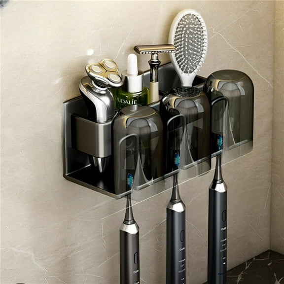 Toothbrush Holder/Punch Free Mouthwash Cup Toothpaste Holder/Wall Mount Bathroom Storage Box/Electric Toothbrush Holder/Multifunctional Storage Rack [black | 3 Persons Available]