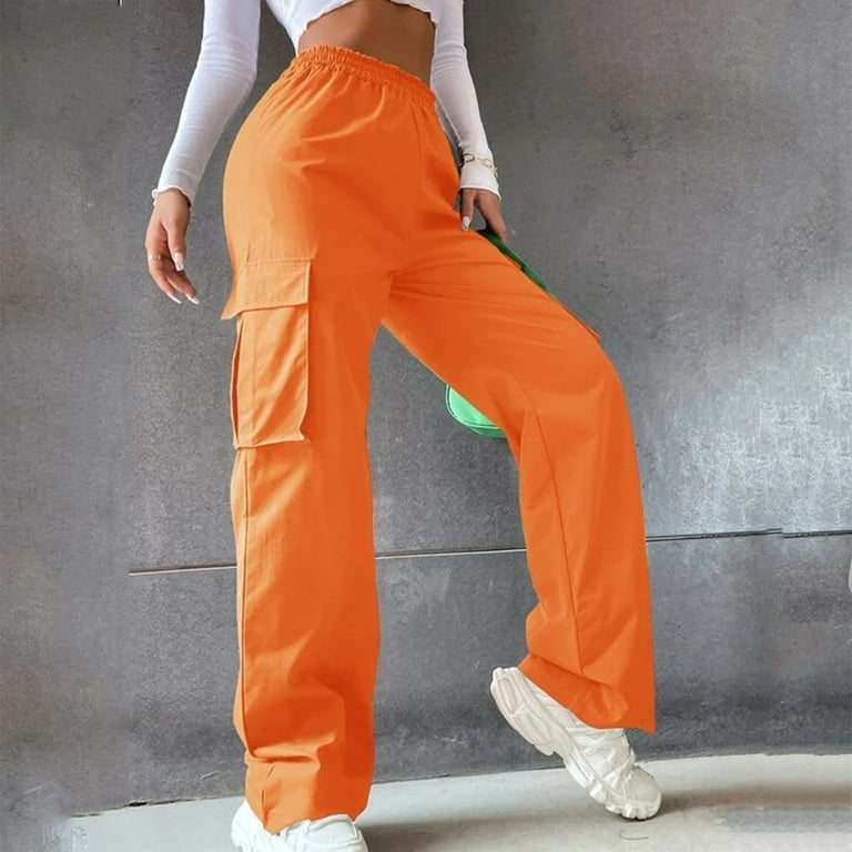 Xinqinghao Women's Relaxed Straight-Leg Pants Loose Elastic Waist Cargo  Trousers Solid Color Casual Long Pants Orange L