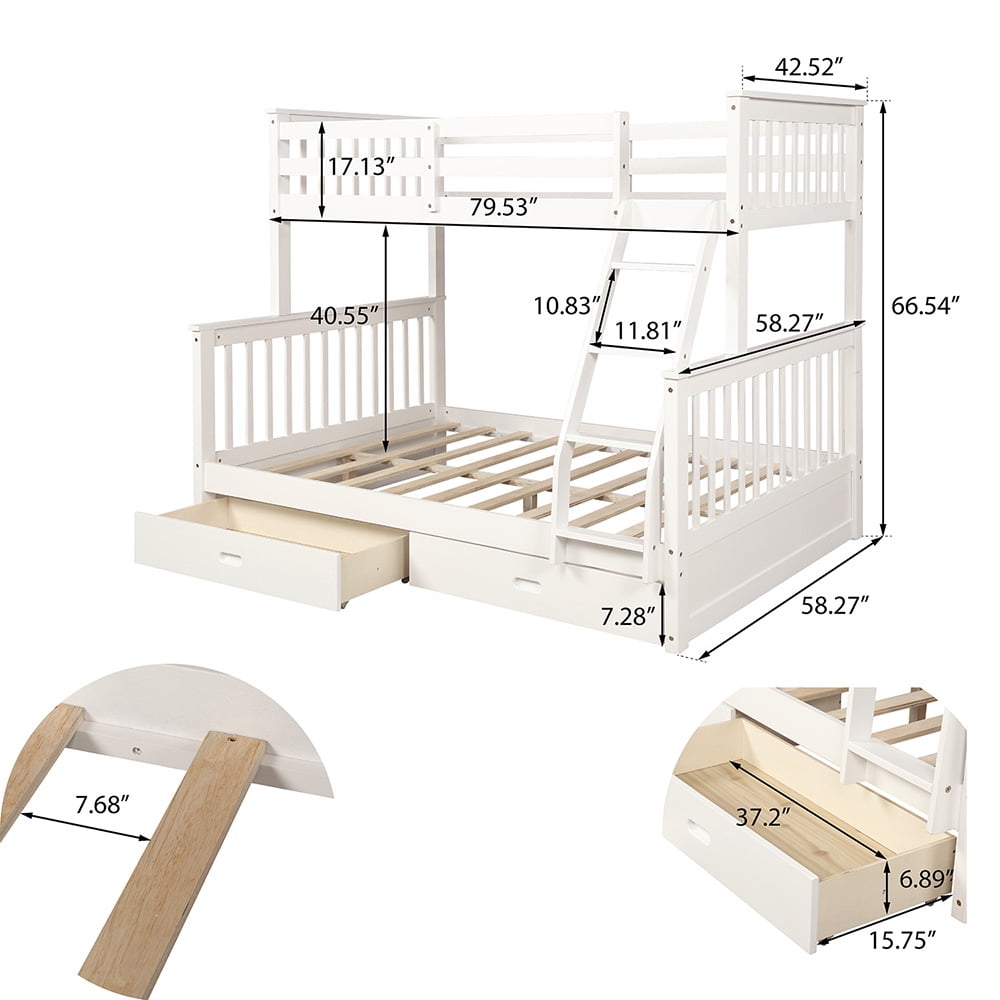 Twin-Over-Full Bunk Beds with Ladders and 2 Storage Drawers, White