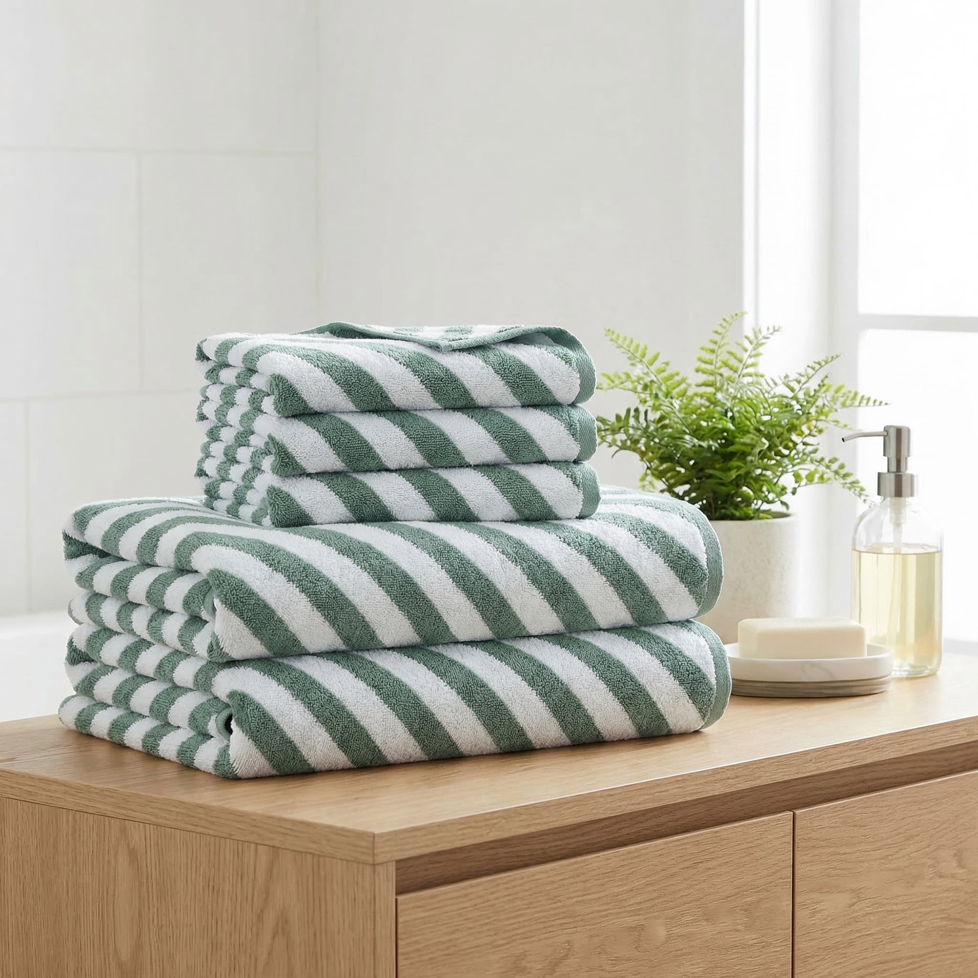 Unique Bargains Striped Absorbent Quick Dry Pure Cotton Bath Towel Green 55" x 28"
