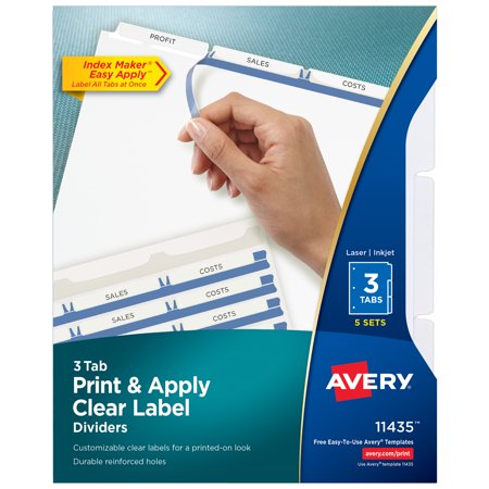 UPC: 0072782114350 | Avery 3-Tab Dividers for 3 Ring Binder  Easy Print & Apply Clear Label Strip  Index Maker Customizable White Tabs  5 Sets (11435)