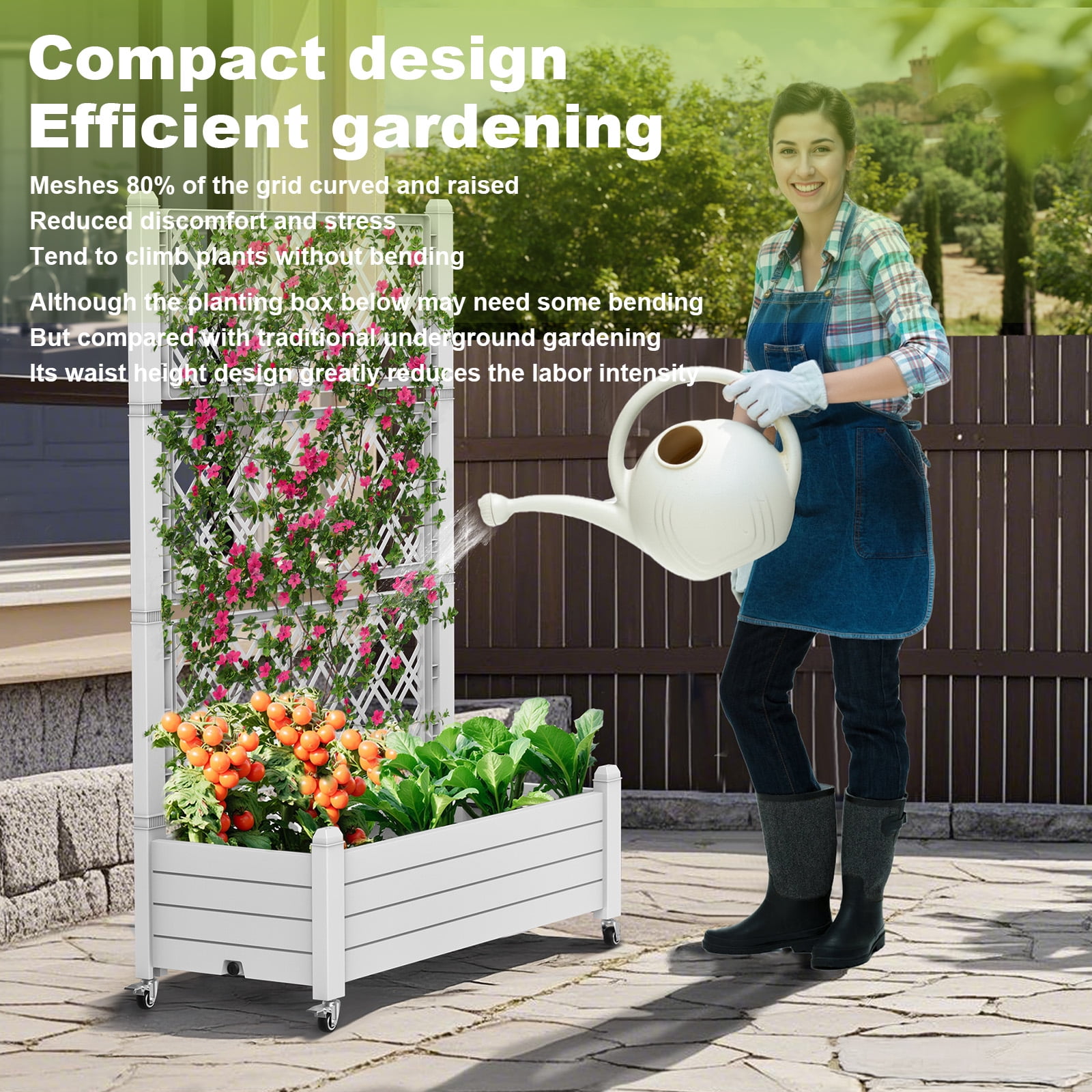 Joxxoaa Raised Garden Bed with Trellis, Large Outdoor Planter Trellis Box with Drainage Holes and Wheels for Climbing Plants.(Ashen）