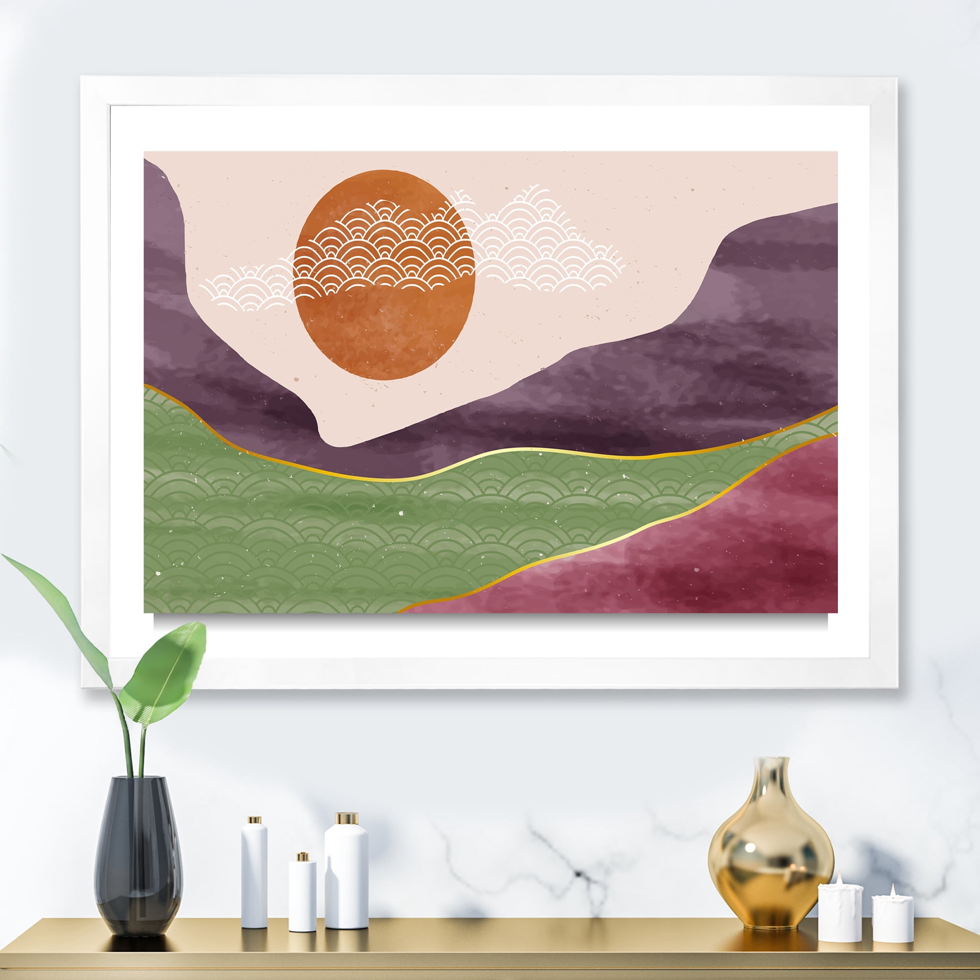 Designart 'Abstract Landscapes With Mountain River and Moon' Modern Framed Art Print