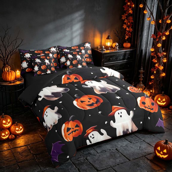 Homewish Halloween Cartoon Ghost Twin Bedding, Pumpkin Lantern Bedding Comforter Set, Black Orange Purple, Black Reversible 7 Pieces
