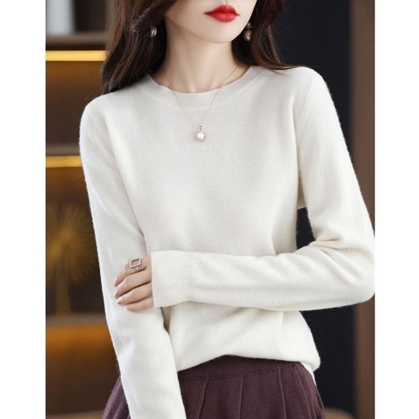 Suéter de cachemira pura de otoño e invierno para mujer, jersey corto de cuello redondo, jersey de manga larga de lana de tubo recto, suéter versátil