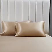 ANMINY 4-Piece Satin Silk Bed Sheet Set, Queen – Deep Pocket Khaki