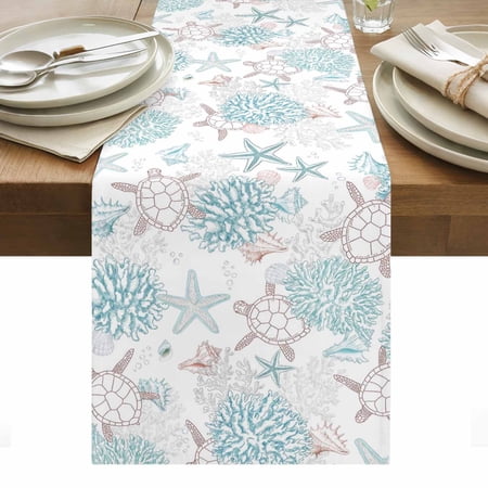 Summer Marine Life Cotton Linen Table Runner Watercolor Ocean Starfish Coral Coastal Sea Turtle Dining Table Runners for Home Decor Party Dining Room Restaurant Kitchen Party 13" x 108"